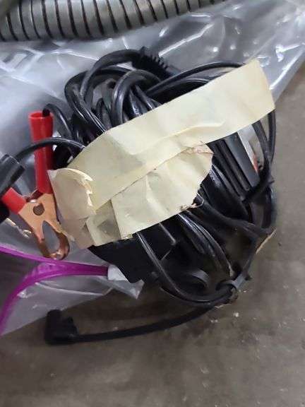 Bucket of Garage Tools: Funnels, Window Squeegee, Sheers, and Battery Tester (untested)