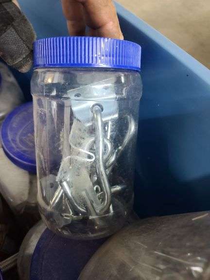 Tote and Two Large Plastic Containers of Bolts, Hinges, Dowels, Hooks, and Tubing