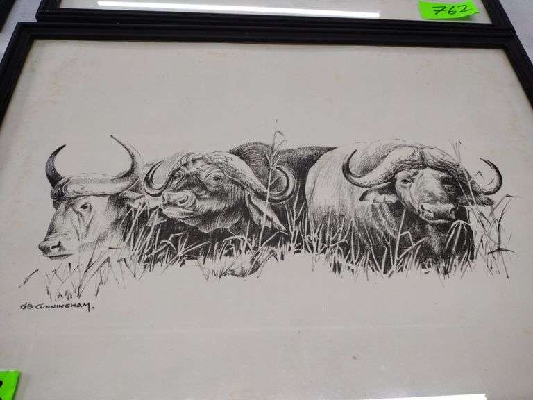 12"x17" Framed Pencil Sketch by GB Cunningham - Water Buffalo