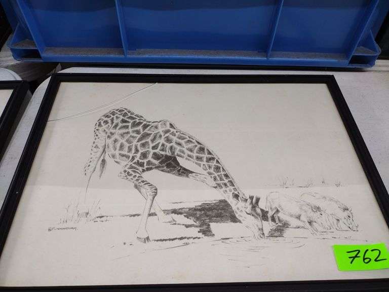 12"x17" Framed Pencil Sketch by GB Cunningham - Giraffe & Warthogs - Crack in Frame Glass