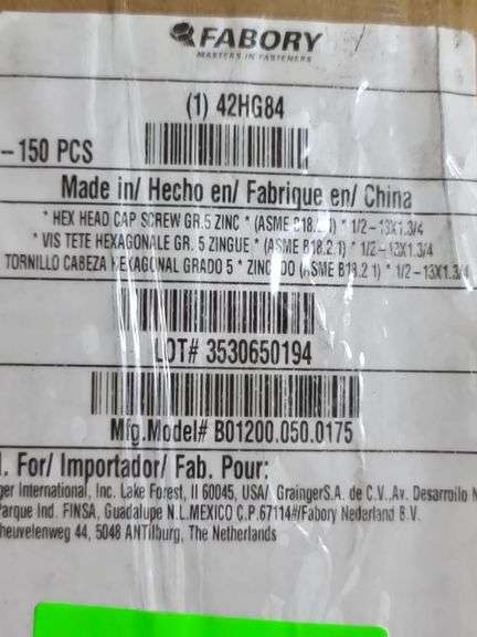 NIB: 150 Grade 5 Zinc Coated Hex-Head Cap Screws, Marked as 1/2-13x1.3/4