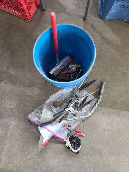 Bucket of Garage Tools: Funnels, Window Squeegee, Sheers, and Battery Tester (untested)