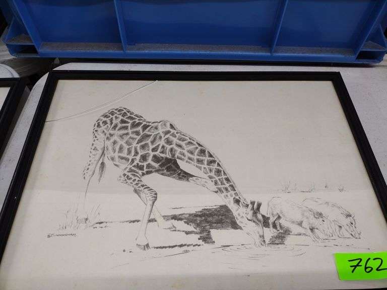 12"x17" Framed Pencil Sketch by GB Cunningham - Giraffe & Warthogs - Crack in Frame Glass