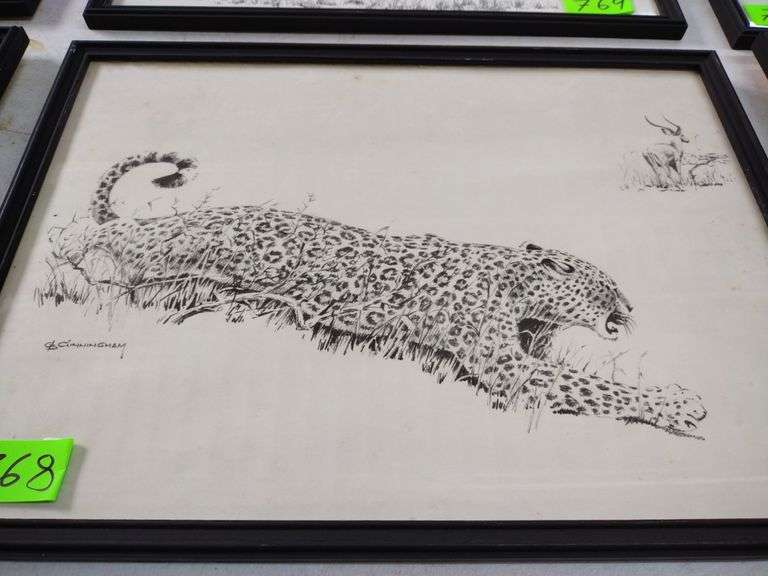 12"x17" Framed Pencil Sketch by GB Cunningham - Leopard