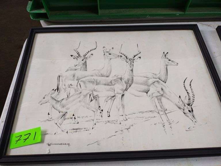 12"x17" Framed Pencil Sketch by GB Cunningham - Impala Herd