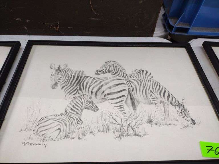 12"x17" Framed Pencil Sketch by GB Cunningham - Herd of Zebras