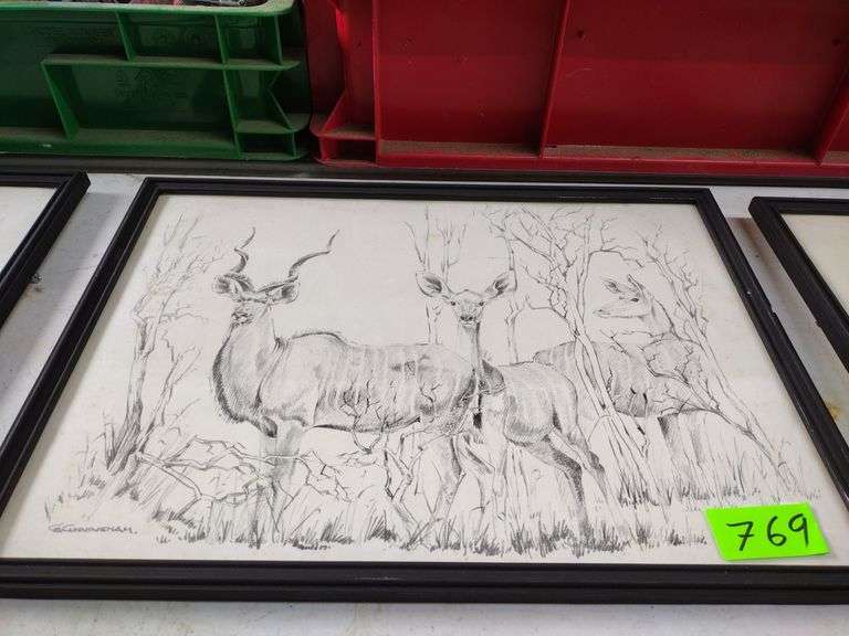 12"x17" Framed Pencil Sketch by GB Cunningham - Larger Kudu Herd
