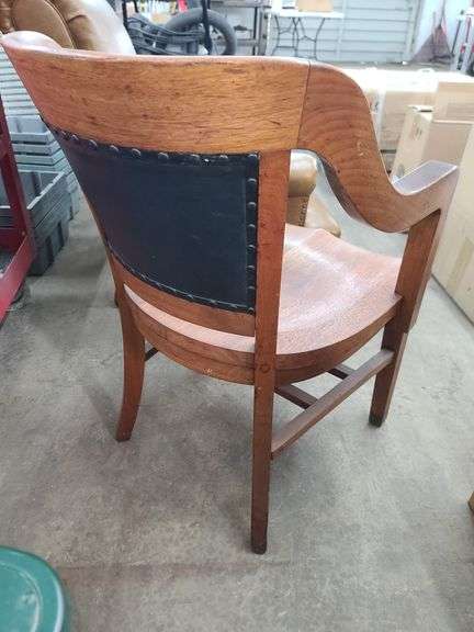Antique Solid Wood Banker's Chair w/Leather Seat Back