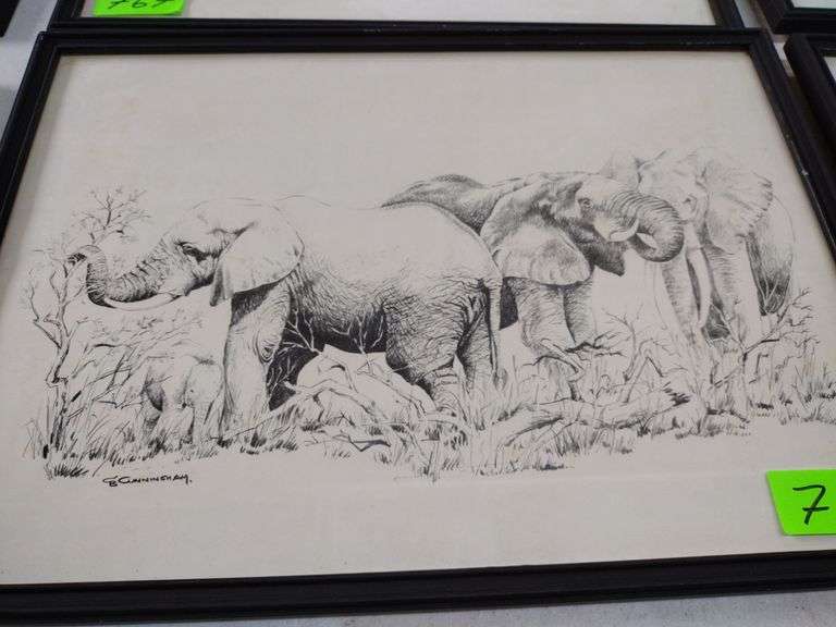 12"x17" Framed Pencil Sketch by GB Cunningham - Herd of Elephants