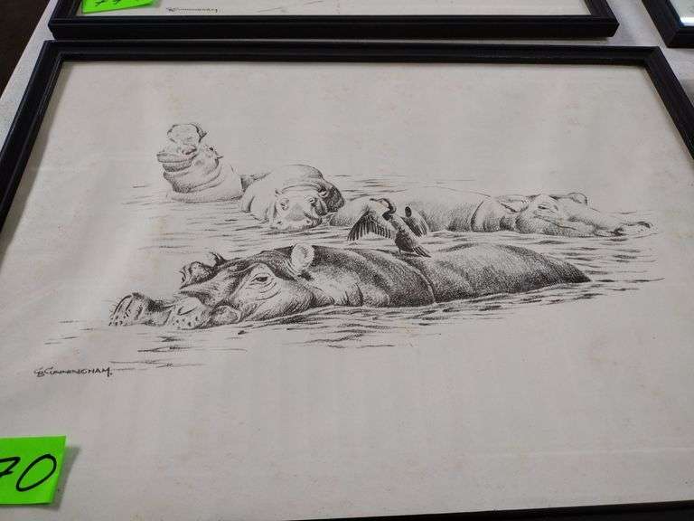 12"x17" Framed Pencil Sketch by GB Cunningham - Hippopotamus Herd