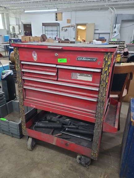 US General Tool Cart and Contents, Drawer Releases Stuck, Missing One Lid Strut, No Key, Broken Lock