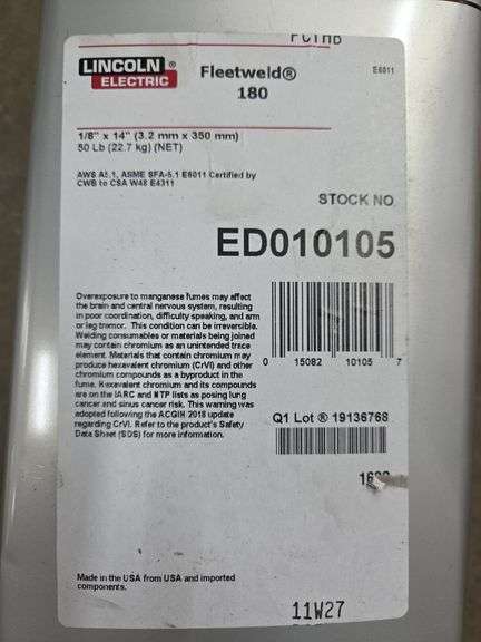 Lincoln Electric Fleetweld 180 1/8" x 14"  50lb Welding Rods New In Sealed Container