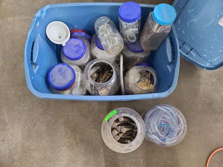 Tote and Two Large Plastic Containers of Bolts, Hinges, Dowels, Hooks, and Tubing