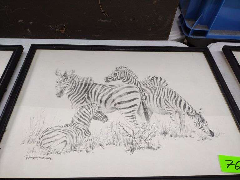 12"x17" Framed Pencil Sketch by GB Cunningham - Herd of Zebras