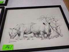 12"x17" Framed Pencil Sketch by GB Cunningham - Rhinosaurus