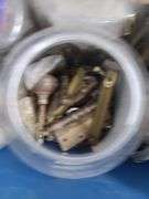 Tote and Two Large Plastic Containers of Bolts, Hinges, Dowels, Hooks, and Tubing