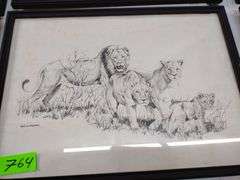 12"x17" Framed Pencil Sketch by GB Cunningham - Pride of Lions
