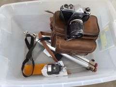 Pentax 35mm Camera with Extra Lenses, Case, Tripod and Flash (untested) in Tote