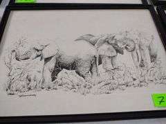 12"x17" Framed Pencil Sketch by GB Cunningham - Herd of Elephants
