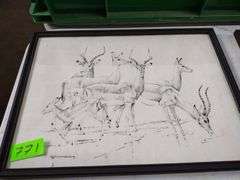 12"x17" Framed Pencil Sketch by GB Cunningham - Impala Herd