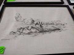 12"x17" Framed Pencil Sketch by GB Cunningham - Hippopotamus Herd