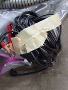 Bucket of Garage Tools: Funnels, Window Squeegee, Sheers, and Battery Tester (untested)