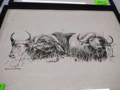 12"x17" Framed Pencil Sketch by GB Cunningham - Water Buffalo