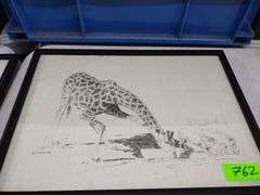 12"x17" Framed Pencil Sketch by GB Cunningham - Giraffe & Warthogs - Crack in Frame Glass