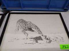 12"x17" Framed Pencil Sketch by GB Cunningham - Giraffe & Warthogs - Crack in Frame Glass
