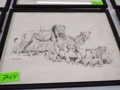 12"x17" Framed Pencil Sketch by GB Cunningham - Pride of Lions