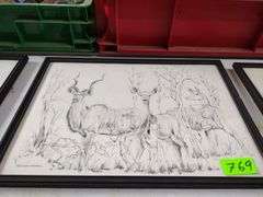 12"x17" Framed Pencil Sketch by GB Cunningham - Larger Kudu Herd