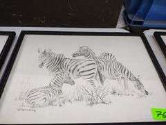 12"x17" Framed Pencil Sketch by GB Cunningham - Herd of Zebras