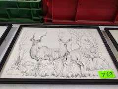 12"x17" Framed Pencil Sketch by GB Cunningham - Larger Kudu Herd