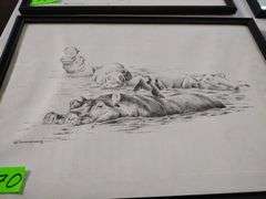 12"x17" Framed Pencil Sketch by GB Cunningham - Hippopotamus Herd