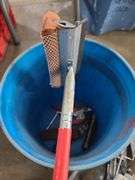 Bucket of Garage Tools: Funnels, Window Squeegee, Sheers, and Battery Tester (untested)