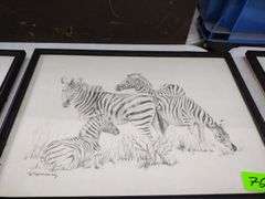 12"x17" Framed Pencil Sketch by GB Cunningham - Herd of Zebras