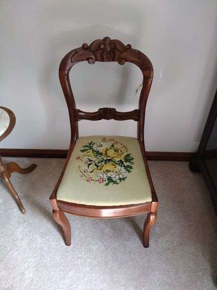 Vintage Wooden Chair w/Needlepoint Seat Approx 17"x34"