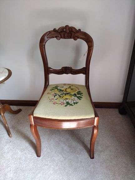 Vintage Wooden Chair w/Needlepoint Seat Approx 17"x34"