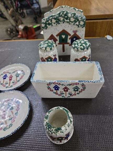 Bread Basket, Set of Bird House Design Salt & Pepper Shakers, Tooth Pick Holder, 2 Saucers