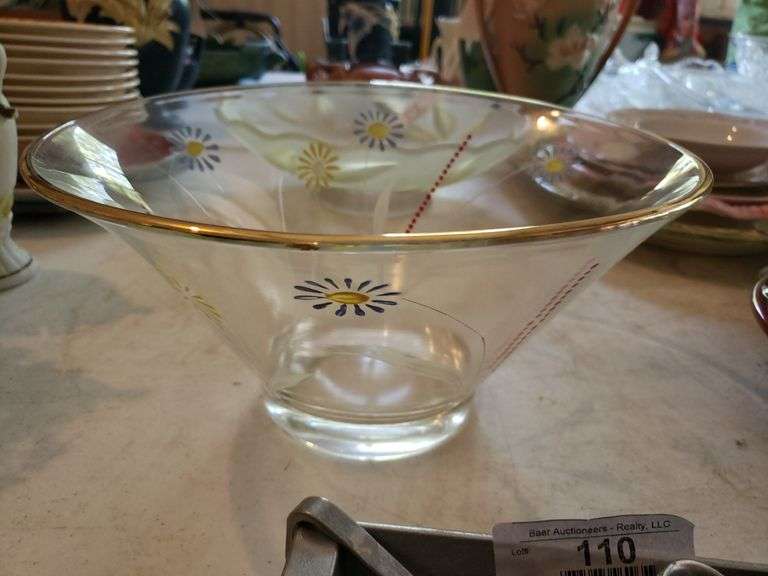 Vintage MCM Daisy Pattern Hand Painted Glass Bowl