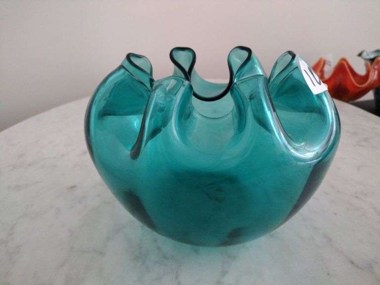 Vintage Blenko Hand Blown, Crimped Glass Bowl Approx 8"