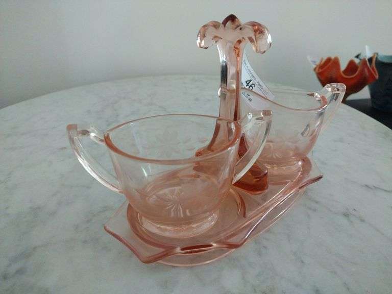3 PC Set Vintage Pink Depression Glass - Cream & Sugar with Tray