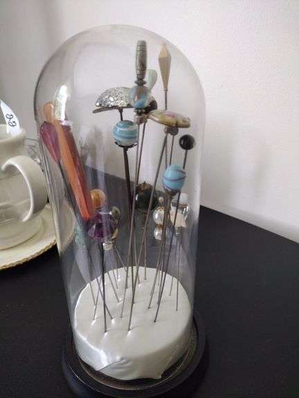 Approx 15 Antique/Vintage Hat Pins In Cloche Display