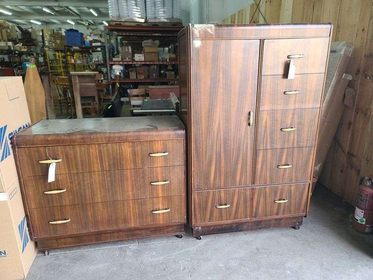 Wooden MCM 3 Drawer Dresser & 5 Drawer Cedar-Lined Wardrobe (Damaged)