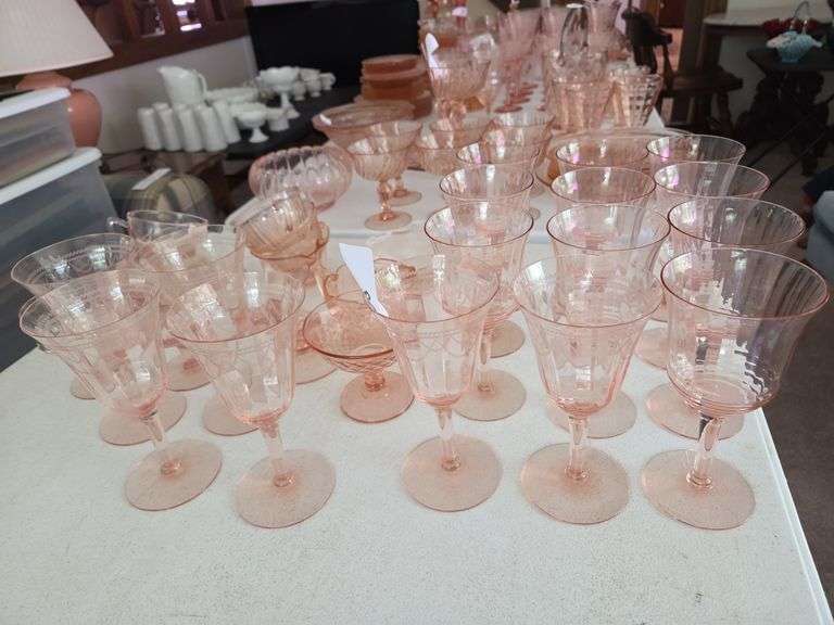 27 Pc Pink Depression Glass Assorted Glasses Cups, Candle Holder, Saucers