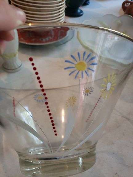 Vintage MCM Daisy Pattern Hand Painted Glass Bowl