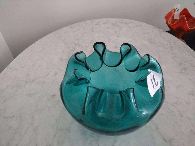 Vintage Blenko Hand Blown, Crimped Glass Bowl Approx 8"
