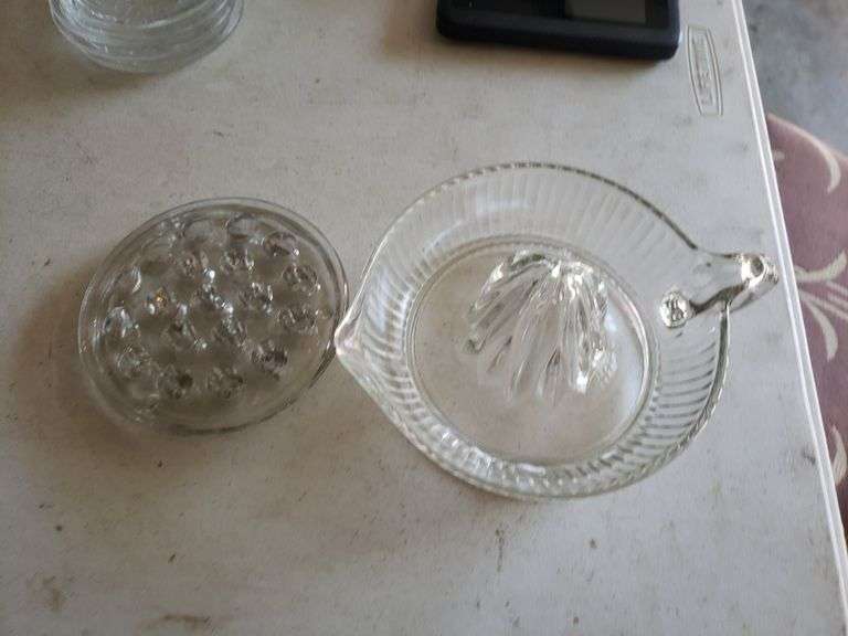 Vintage Glass Lemon Juicer & Glass Flower Frog