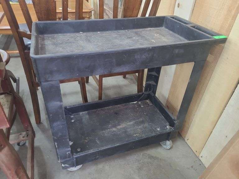 Plastic Cart, Wooden Work Bench, & Wooden Chair