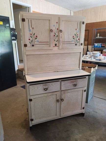 Vintage Two-Piece Hoosier Cabinet, Porcelain Top Bottom with Roll-Up Pantry, Bread Box and Flour Chute and Sifter, Approx. 69x40x23